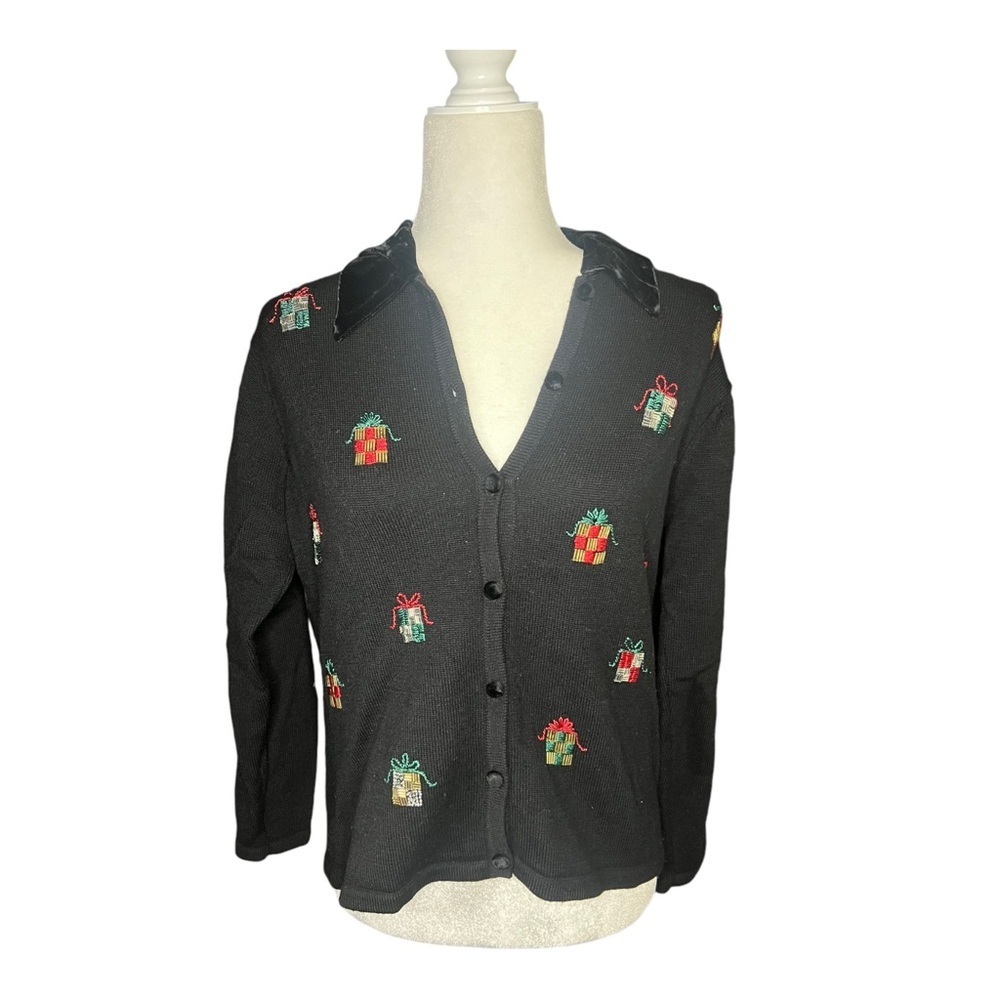 Wool, beaded holiday sweater with velvet collar M - Picture 1 of 5